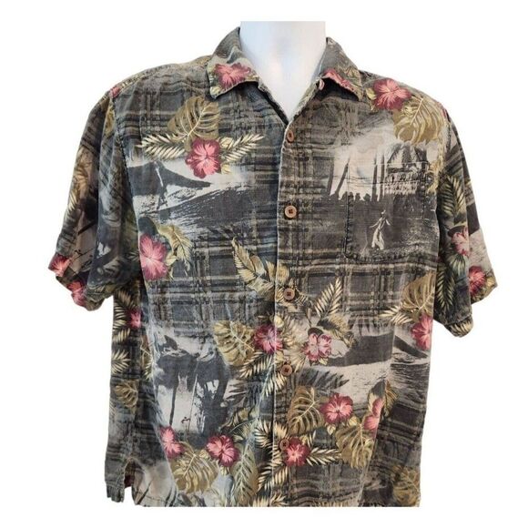 Tommy Bahama Hawaiian Hula Girl Short Sleeve Aloha Gray Shirt M Silk - Picture 1 of 5
